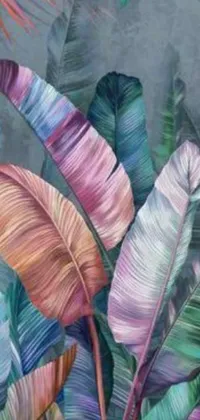 This phone live wallpaper showcases a digital painting of tropical leaves on a wall, with a baroque style and shining rainbow feather accents