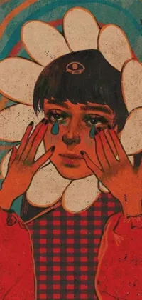 This live phone wallpaper features an edgy, lowbrow painting of a woman covering her face with her hands