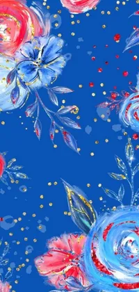 This phone live wallpaper is a true work of art, featuring a vibrant blue background adorned with beautiful red and blue flowers and golden speckles
