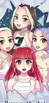 Looking for a vibrant and eye-catching phone wallpaper? Check out this anime-inspired live wallpaper featuring a group of school uniform-clad anime girls with different facial expressions, surrounded by twinking tiny stars over a red velvet background in striking hues of pink and purple