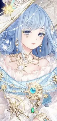 This stunning phone live wallpaper features a dreamy anime-style character with blue hair and a white dress, appointed with intricate veils and jewels