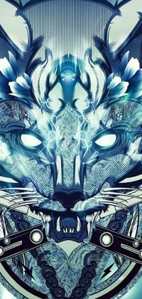 Get lost in the mesmerizing charm of this phone live wallpaper featuring a captivating blue and white wolf's head image, set against a futuristic fractal cyborg ninja backdrop