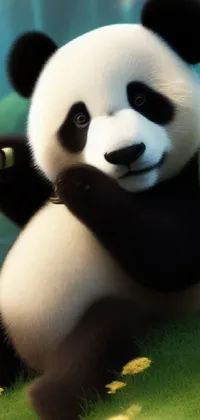 This delightful live wallpaper depicts a cute panda bear perched on a lush green field, holding a kunai in its paw while showcasing 3D animations