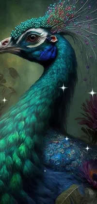 This stunning mobile live wallpaper features a beautifully painted digital image of a peacock surrounded by vibrant, colorful flowers