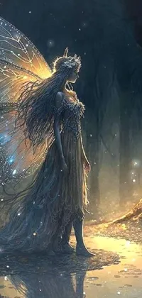 This live wallpaper features a stunning fantasy art of a fairy standing amidst a lush forest with butterfly lighting and a soft golden glow