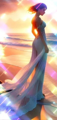 Enjoy the beauty of the ocean with this stunning live wallpaper! Featuring a woman standing on a beach in a long luxurious gown, this wallpaper captures the essence of romanticism with its gorgeous imagery