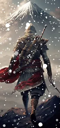 This live wallpaper features a red ninja standing on a mountaintop holding a sword, exuding an aura of power and readiness for battle