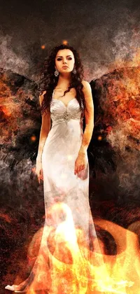If you're searching for a captivating phone live wallpaper, look no further! Our digital art creation features a beautiful woman in a white dress, set against a fiery hellish background