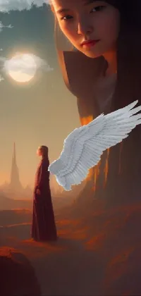 This phone live wallpaper features a stunning digital painting of a woman with an angel wing in a fantasy setting
