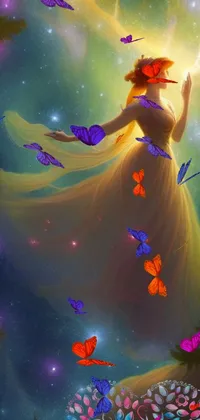 This striking phone live wallpaper features a beautiful fantasy artwork of a woman in a long dress soaring through the night sky