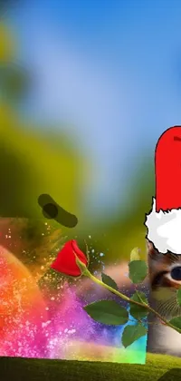 Looking for a lively and festive phone wallpaper to make your screen pop? Look no further than this charming digital art display! It features an adorable cat wearing a Santa hat against a backdrop of colorful flowers and a vibrant splash of color