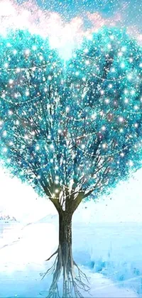 This live phone wallpaper showcases a heart-shaped tree painted in pointillism style against a winter teal-toned background