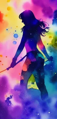This lively phone live wallpaper features striking watercolor art of a powerful, stylized woman holding a sword