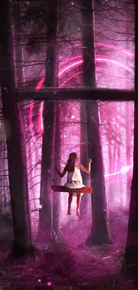This phone live wallpaper is a stunning work of digital art, featuring a young girl on a swing amidst a magical forest