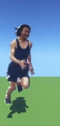 This phone live wallpaper features a pixel art design of a woman running with a frisbee