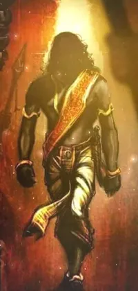This phone live wallpaper showcases a captivating digital painting of a sword-wielding man in shining gold, black, and red