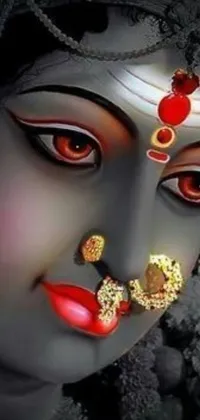 This stunning phone live wallpaper depicts a close-up of a woman's face with glowing red eyes, possibly inspired by Samikshavad, a Hindu goddess renowned for her ability to see through to the truth