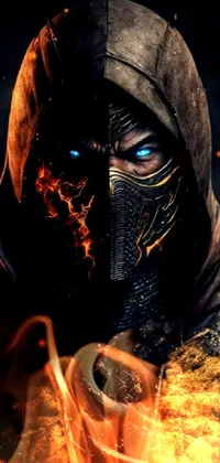 This live wallpaper for smartphones features a close-up image of a person wearing a red and black fire mask, looking ready for battle, reminiscent of Mortal Kombat's Cobra and Scorpion