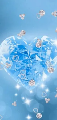 This phone live wallpaper features a sparkling blue heart surrounded by diamonds on a deep blue background with crystal accents