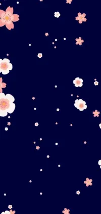 This phone live wallpaper features a stunning and unique floral design with shades of blue, pink, and white set against a striking black background with navy accents