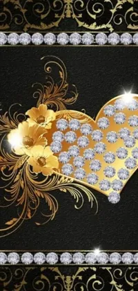 This phone live wallpaper boasts a stunning gold heart adorned with sparkling diamonds set against a black background