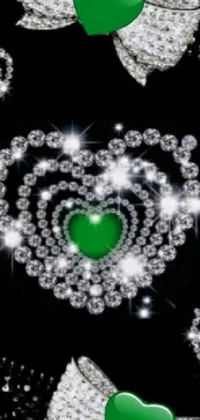 Transform your phone screen into a stylish masterpiece with this magnificent live wallpaper! Feast your eyes on a collection of green hearts, encrusted with diamonds and highlighted with intricate chrome accents, set against a backdrop of jet-black