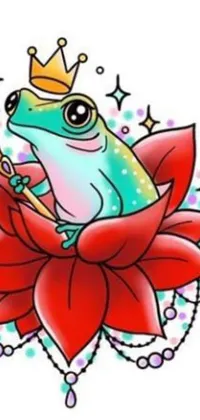 This live phone wallpaper is animated by a crown-wearing cartoon frog sitting on a colorful flower