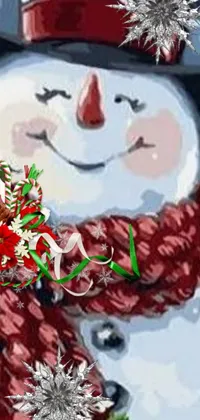 This live phone wallpaper features a delightful digital rendering of a snowman holding a lovely bouquet of red and white roses and holly berries