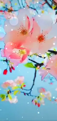Enhance your phone screen with a stunning live wallpaper of pink flowers sitting atop a tree in ethereal blue and pink hues