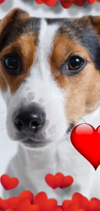 This phone live wallpaper features a close-up of a delightful Jack Russell Terrier with heart motifs in the background