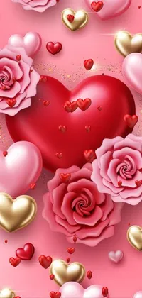 This stunning phone live wallpaper showcases a 3D digital art heart surrounded by intricate roses and smaller heart shapes, all set on a dreamy pink background