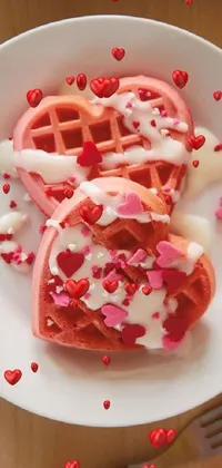 This phone live wallpaper features a white plate of heart shaped waffles with foam spilling over and steam rising up
