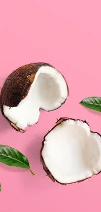 This tropical-inspired live wallpaper showcases the two halves of a coconut with leaves against a pink background