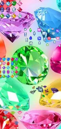 Looking for a stunning phone background that is sure to make a statement? Check out this captivating live wallpaper featuring an array of beautifully crafted diamonds set against a colorful background