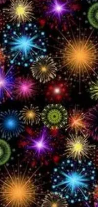 This lively phone live wallpaper showcases a spectacular firework display with a blend of vivid colors set against a dark, starry night background