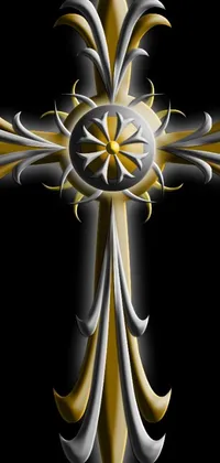 This stunning live wallpaper features a digital rendering of an intricate golden and white cross set against a sleek black background