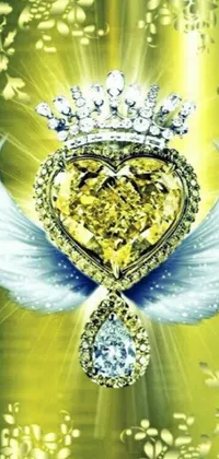 This stunning phone live wallpaper features a 3D rendering of a heart with wings and a crown, adorned with beautiful yellow gemstones