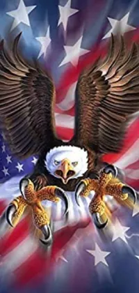 This phone live wallpaper features a bald eagle perched atop an American flag against a thunderous background