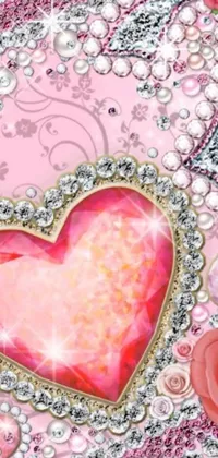 This phone live wallpaper showcases a beautiful pink heart nestled among pink roses and pearls, adorned with sparkling crystals and glittering accents