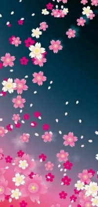 This phone wallpaper depicts an anime nature background portraying stunning cherry blossoms, with pink and white flowers floating gracefully in the air