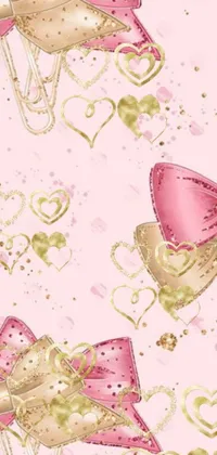 Looking for a cute and playful live wallpaper for your phone? Check out this adorable pattern of bows and hearts on a pink background! The intricate design features detailed pink and white bows and hearts, accented with shimmering gold details