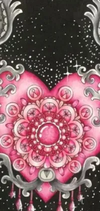 This phone live wallpaper features a stunning pink and black heart with angel wings in a psychedelic style by Zsuzsa Máthé