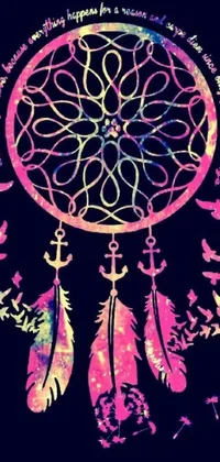This lively, multi-hued live wallpaper depicts a whimsical dream catcher on a dark background, imbued with psychedelic inspiration