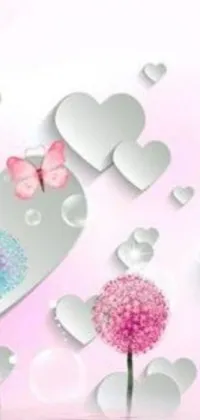 This phone live wallpaper features a beautiful pink background adorned with delicate hearts and dandelions