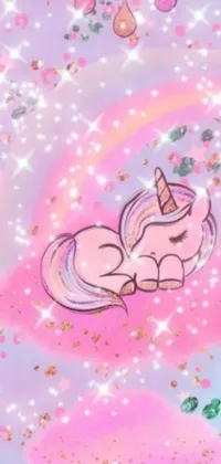 This Live wallpaper showcases an adorable cartoon of two unicorns lying on each other, set against a glittery backdrop that exudes a Tumblr-esque vibe