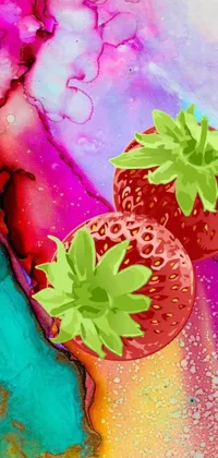 Introducing the "Berries in Bloom" live wallpaper for your phone! This digital art piece features two luscious strawberries on a vibrant background, created using alcohol inks on parchment