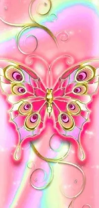 This wallpaper showcases a digital art style close-up of a colorful butterfly on a soft pink background