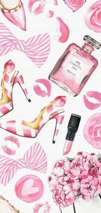 This live wallpaper showcases a beautiful watercolor painting of shoes and lipstick on a background of assorted pink clothing