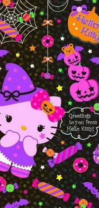 This Halloween phone live wallpaper features a cute and creepy Hello Kitty dressed up as a fashionable dark witch, riding a black horse through a spooky forest with bats flying overhead