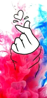This colorful live wallpaper features a drawing of a hand holding a retro cell phone displaying a vibrant picture against a background of colorful graffiti and swirling hot pink and cyan smoke